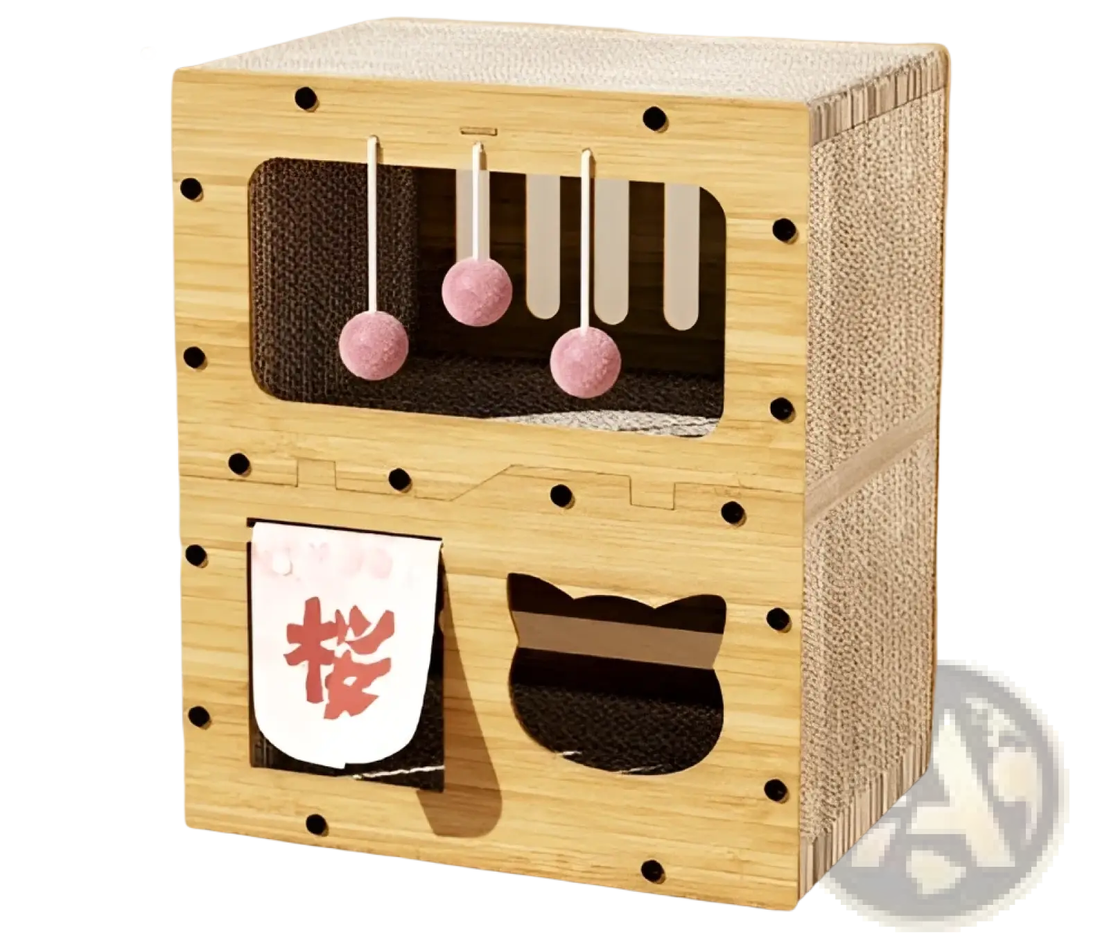 A wooden sisal cat scratching board with pink hanging balls, cat-shaped cutout, and japanese character plaque
