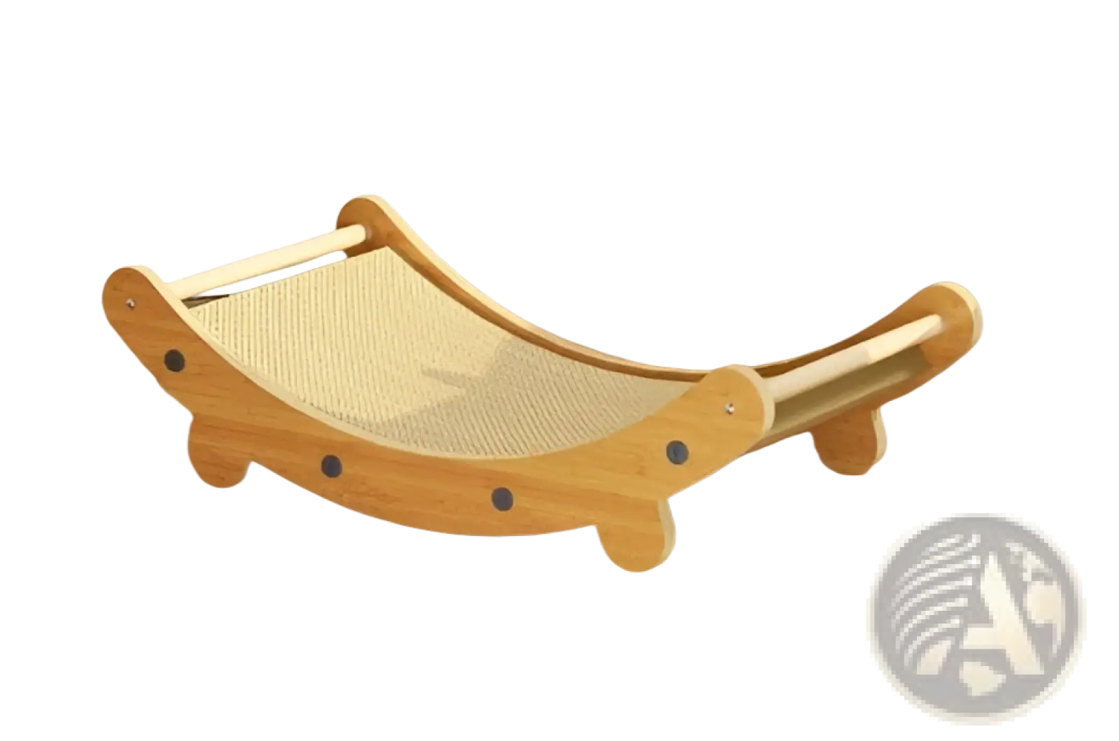 Light brown wooden cat scratching board with woven beige sisal mat and rounded ends for nest and post use