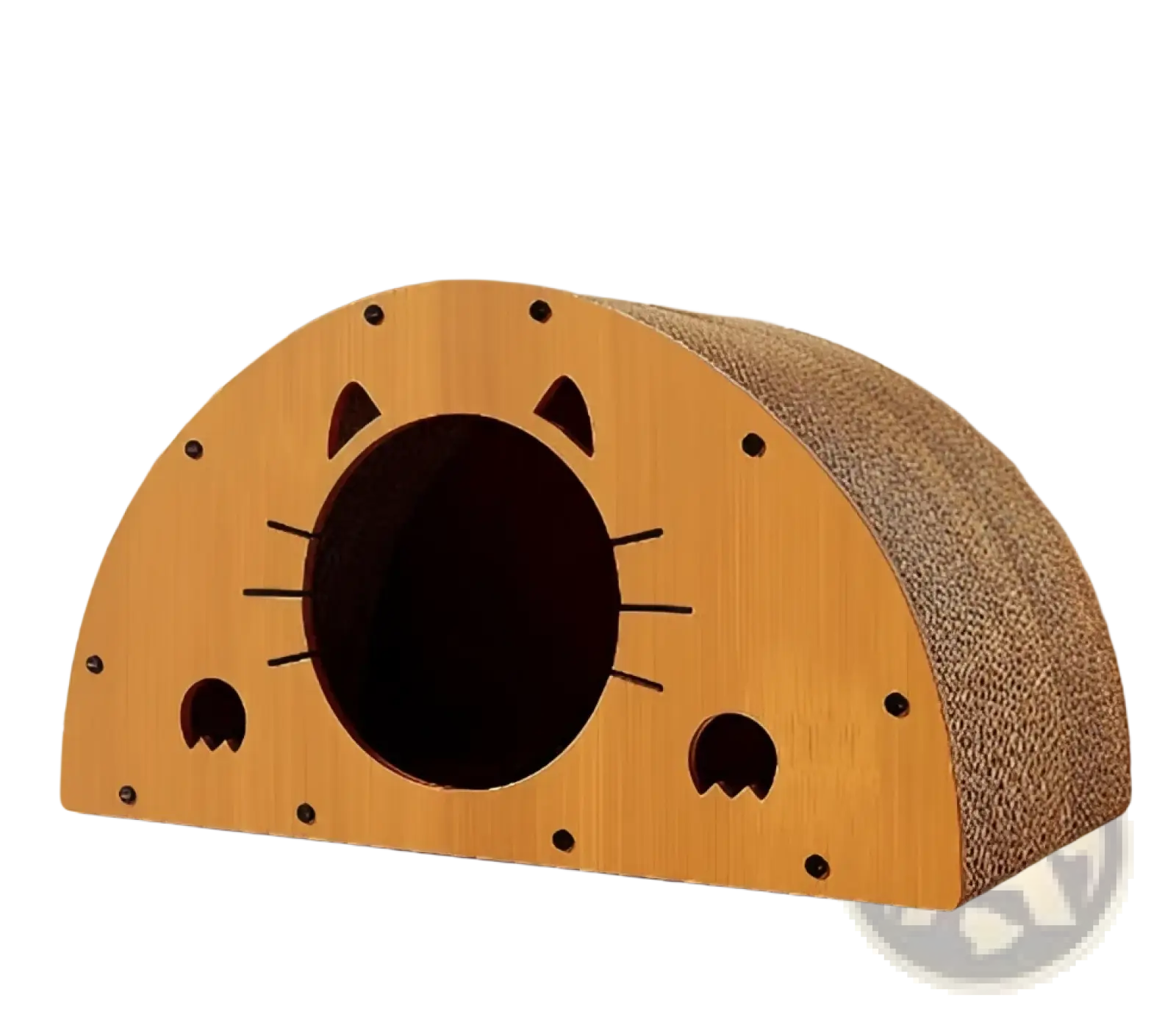 A charming wooden sisal cat scratching board nest with an arched front panel featuring cut-out whiskers and eyes