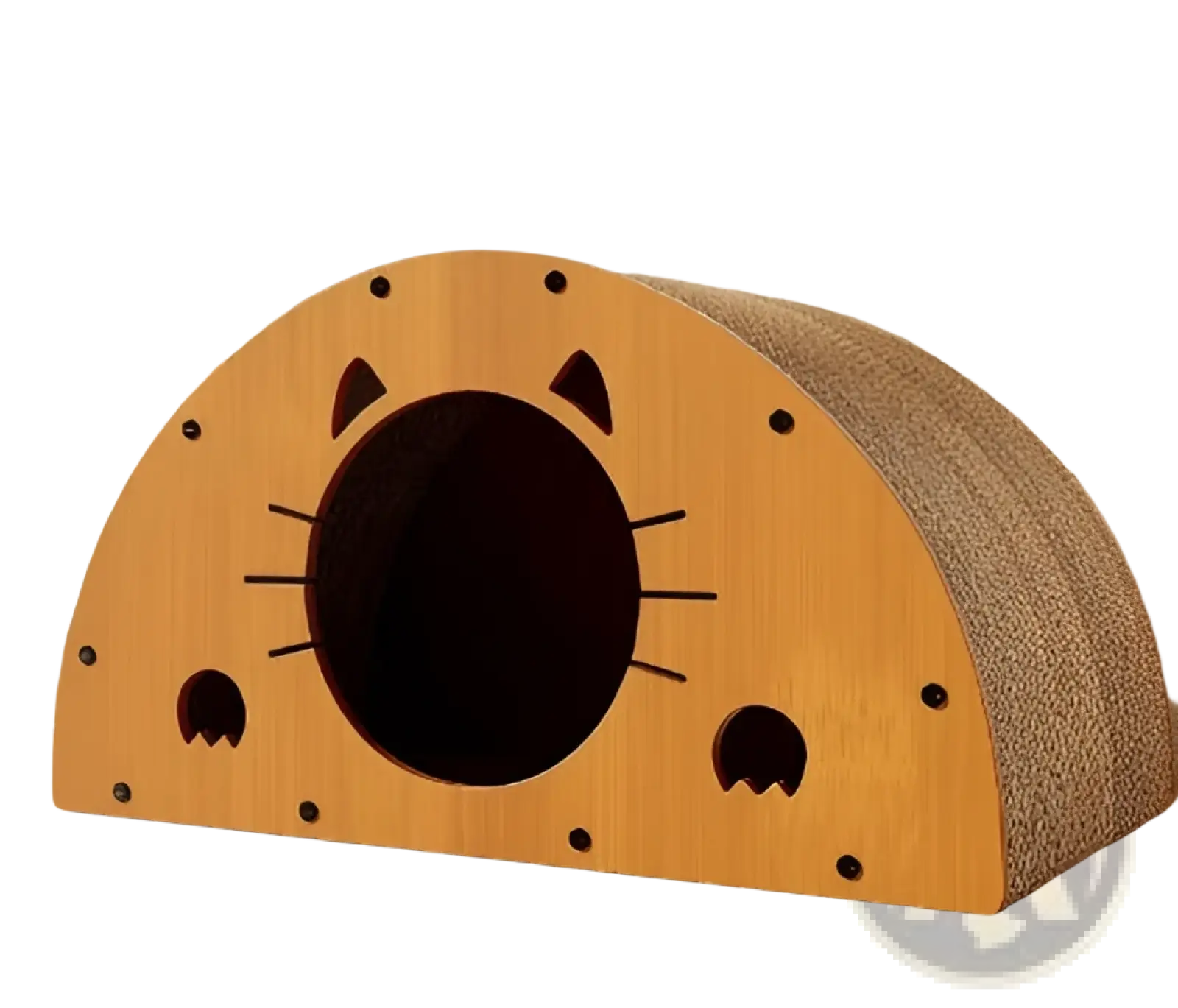 Wooden cat-shaped sisal scratching board with tan textured surface and black facial cut-outs for cats