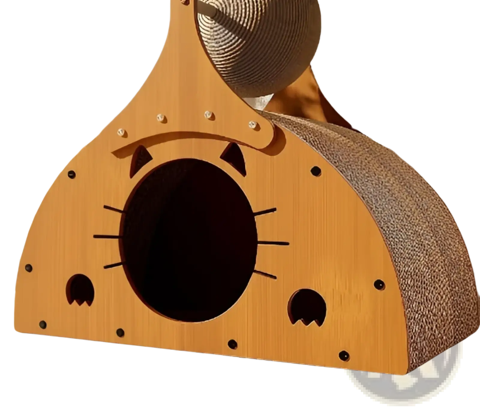 Wooden cat-shaped scratching post with textured brown cardboard surface and black cut-out whiskers in sisal cat scratching board wooden nest and post
