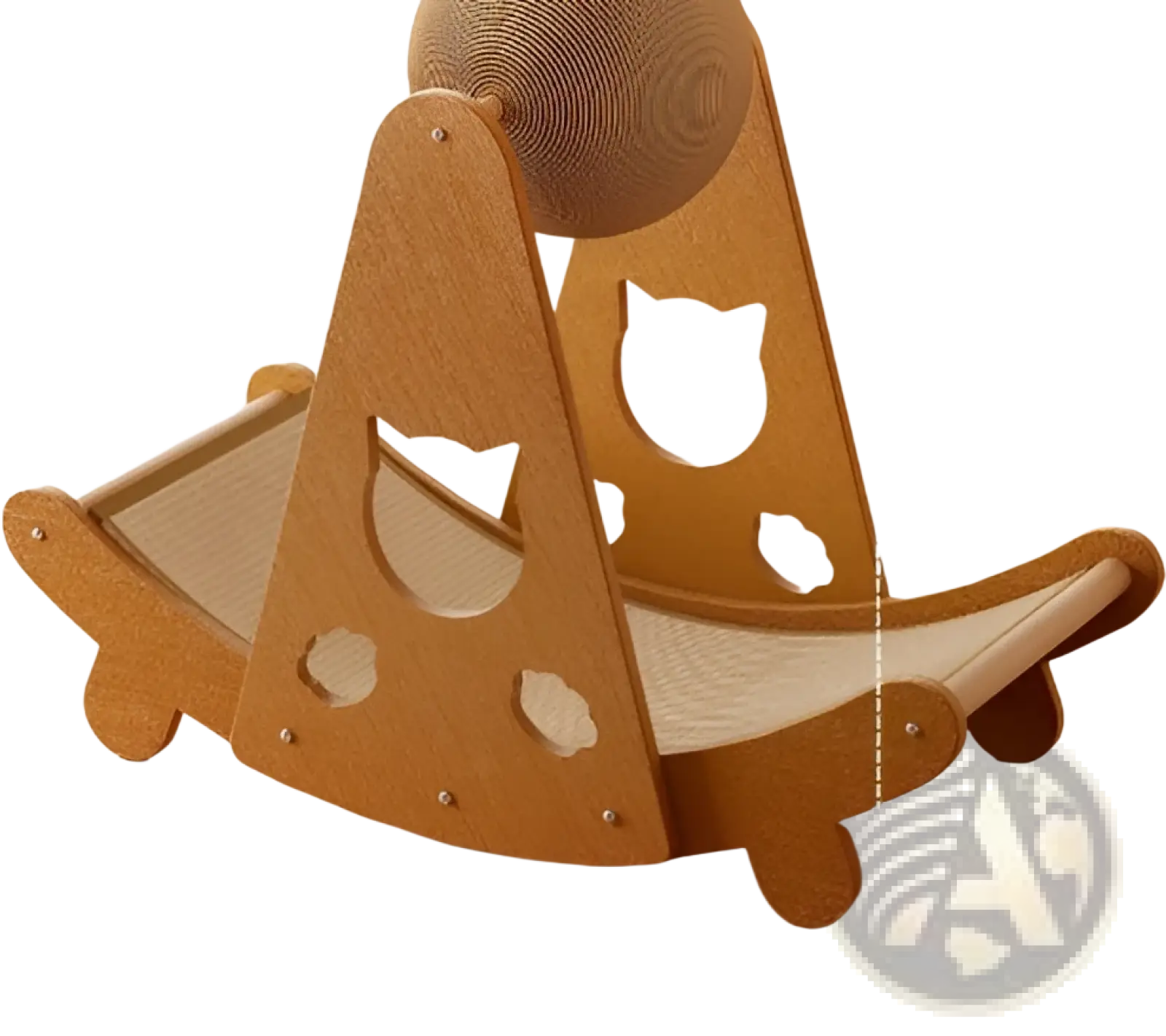 Wooden sisal cat scratching board with triangular design and cat face cut-outs for feline claw care