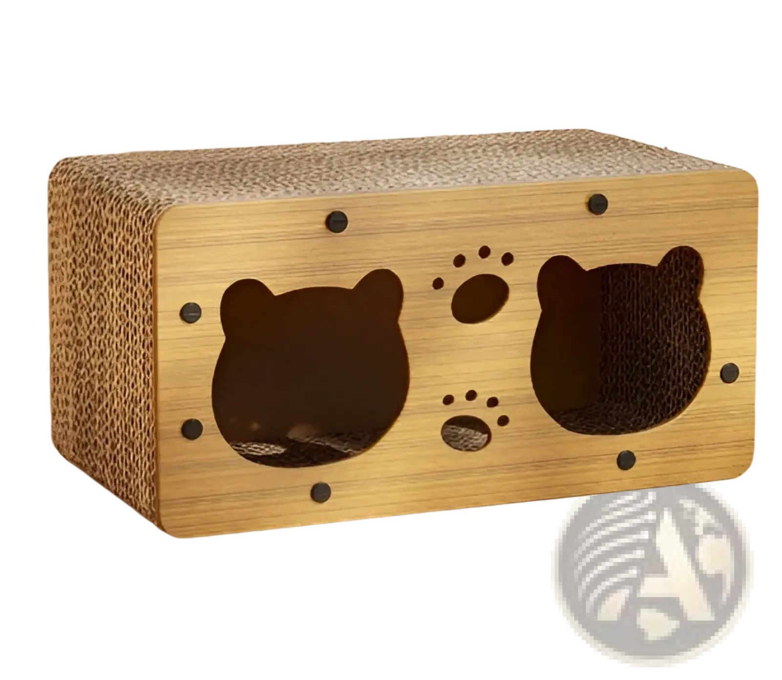 Sisal cat scratching board wooden nest and post with rectangular wooden frame, bear-shaped cutouts, paw prints, and cardboard surface