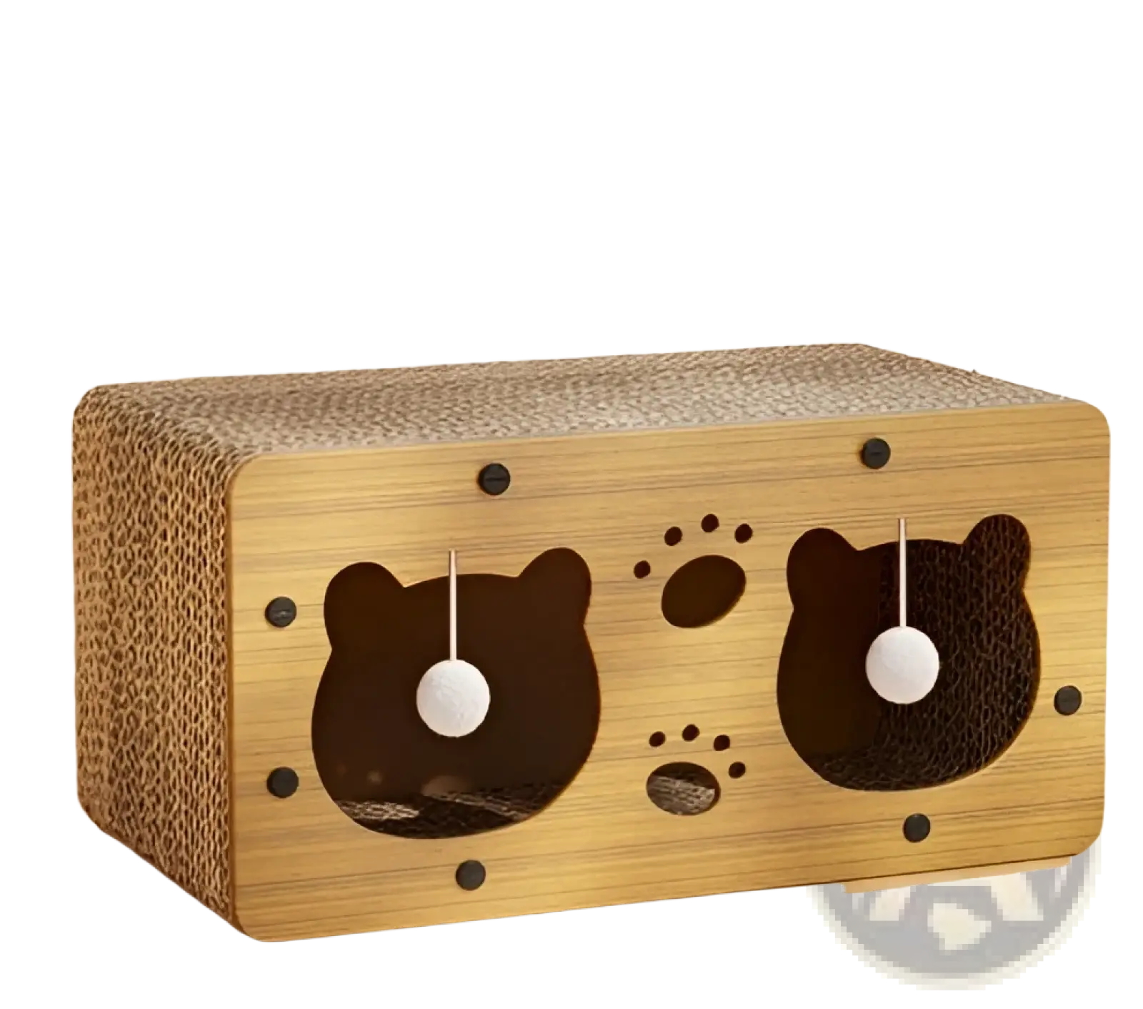 A rectangular sisal cat scratching board with bamboo finish featuring bear face cutouts and paw print designs