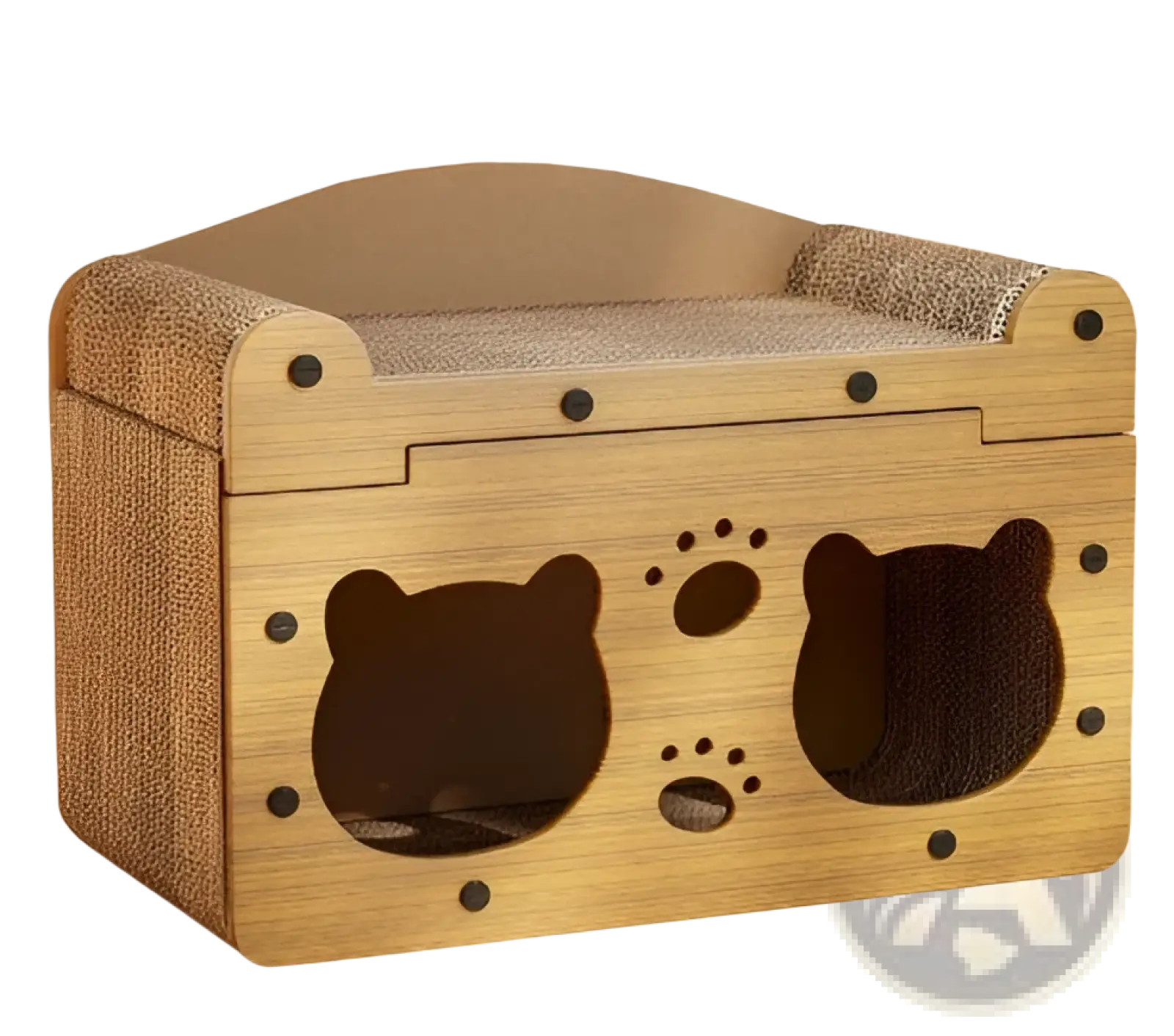 Wooden sisal cat scratching board with cozy fabric-lined top and two bear-shaped cutouts on the front panel