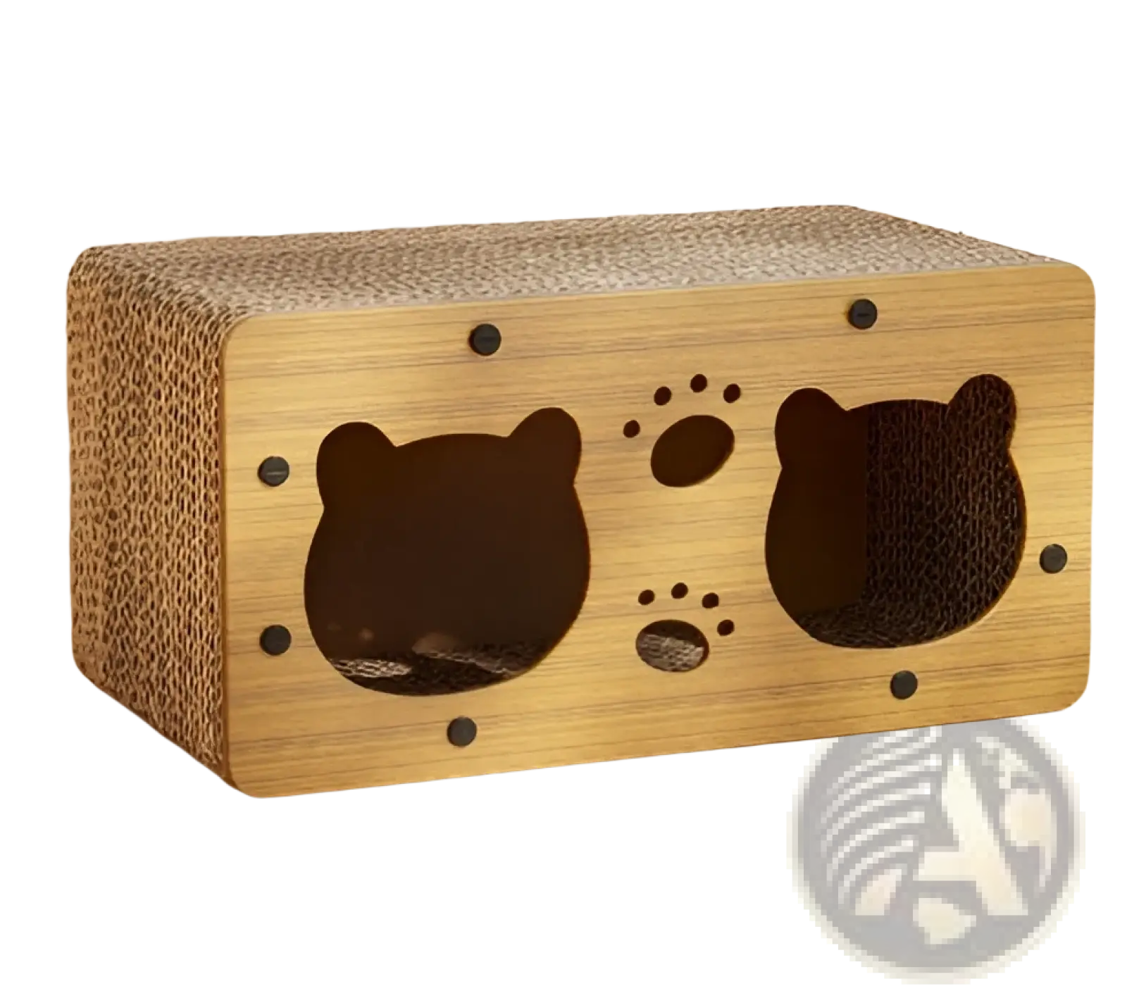 Light brown cardboard sisal cat scratching board with bear-shaped cutouts and paw print designs for cats