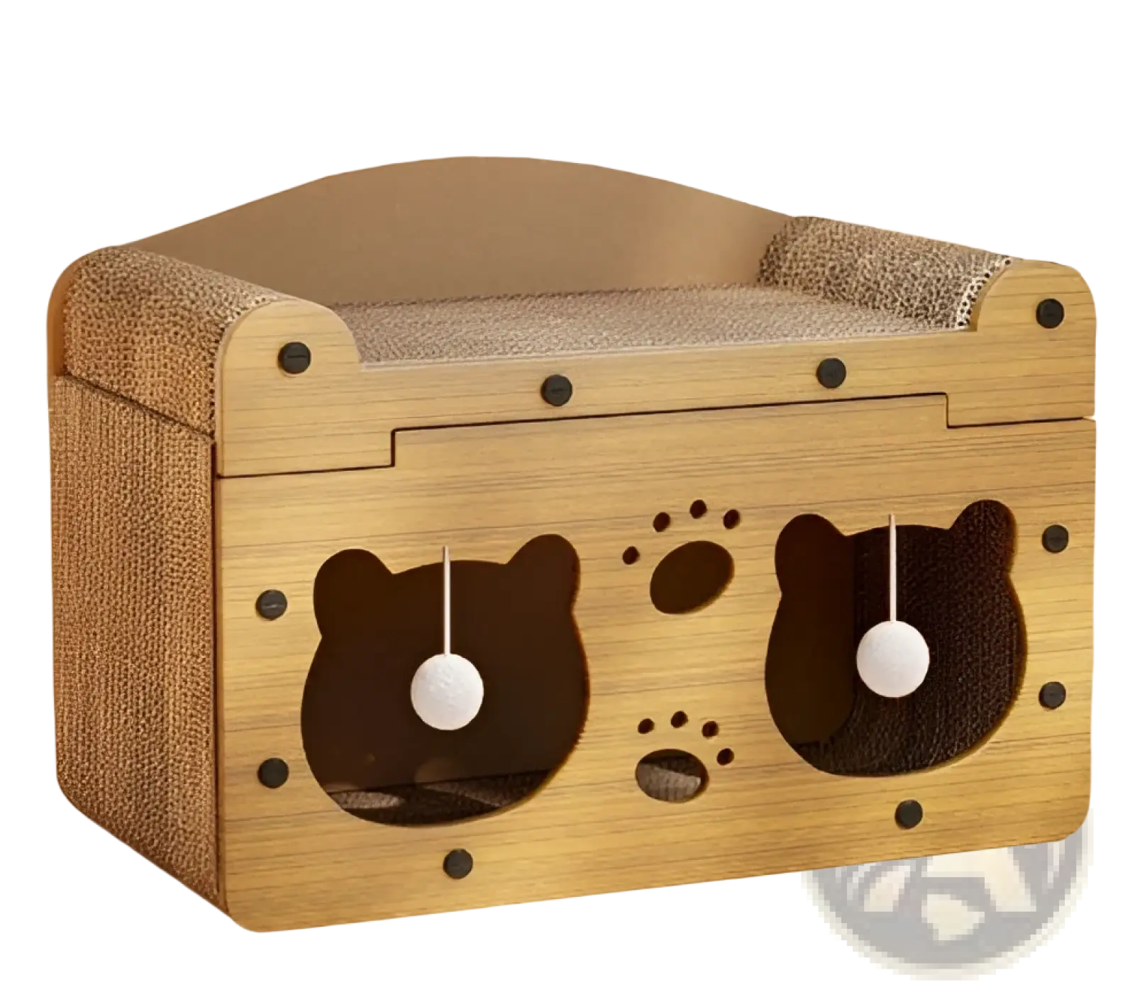 Wooden sisal cat scratching board with cushioned top bear face cutouts and hanging white balls for cozy nest and post use