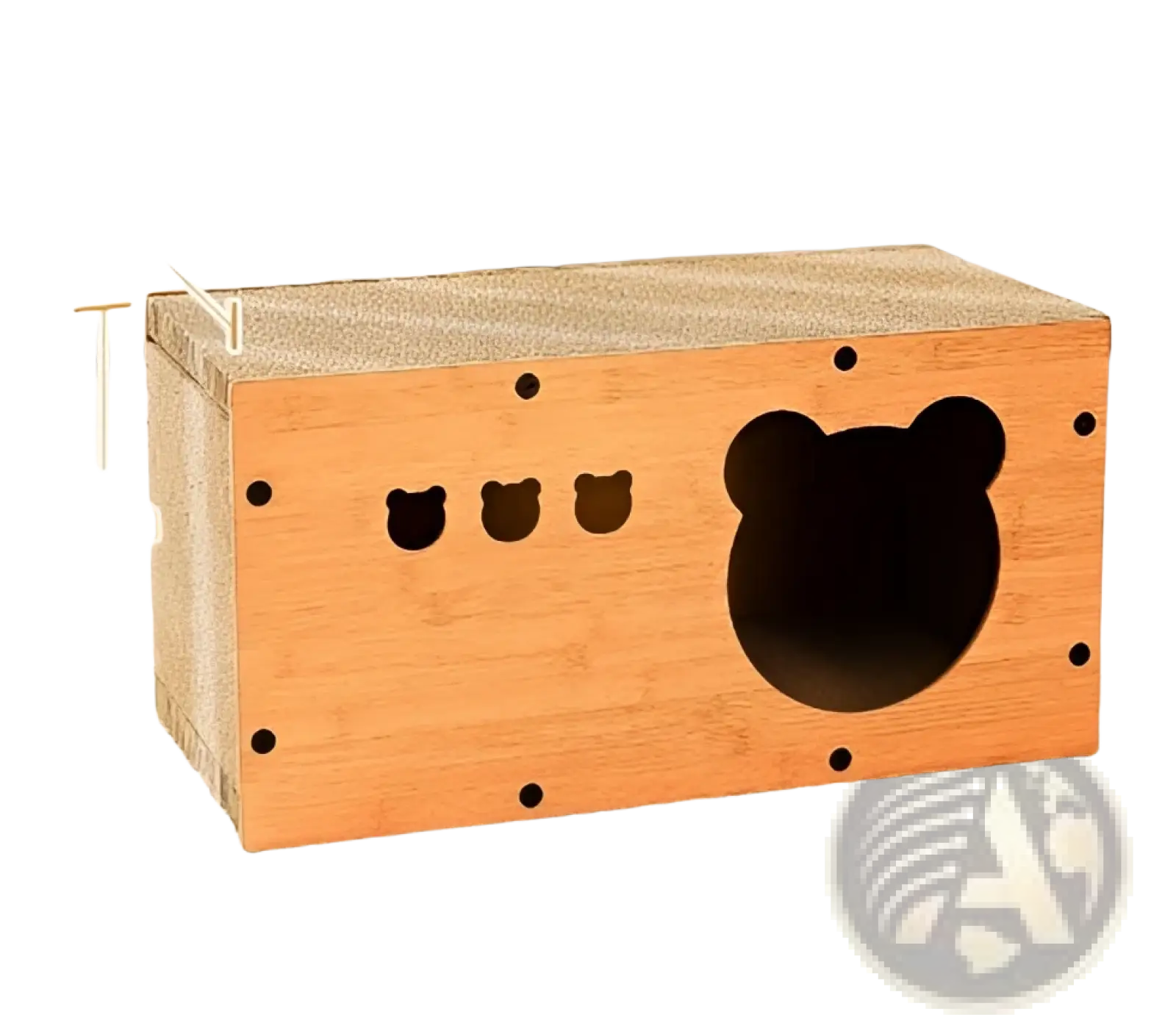 Bamboo cat scratching post with bear entrance and three cat face cutouts featuring textured sisal surface