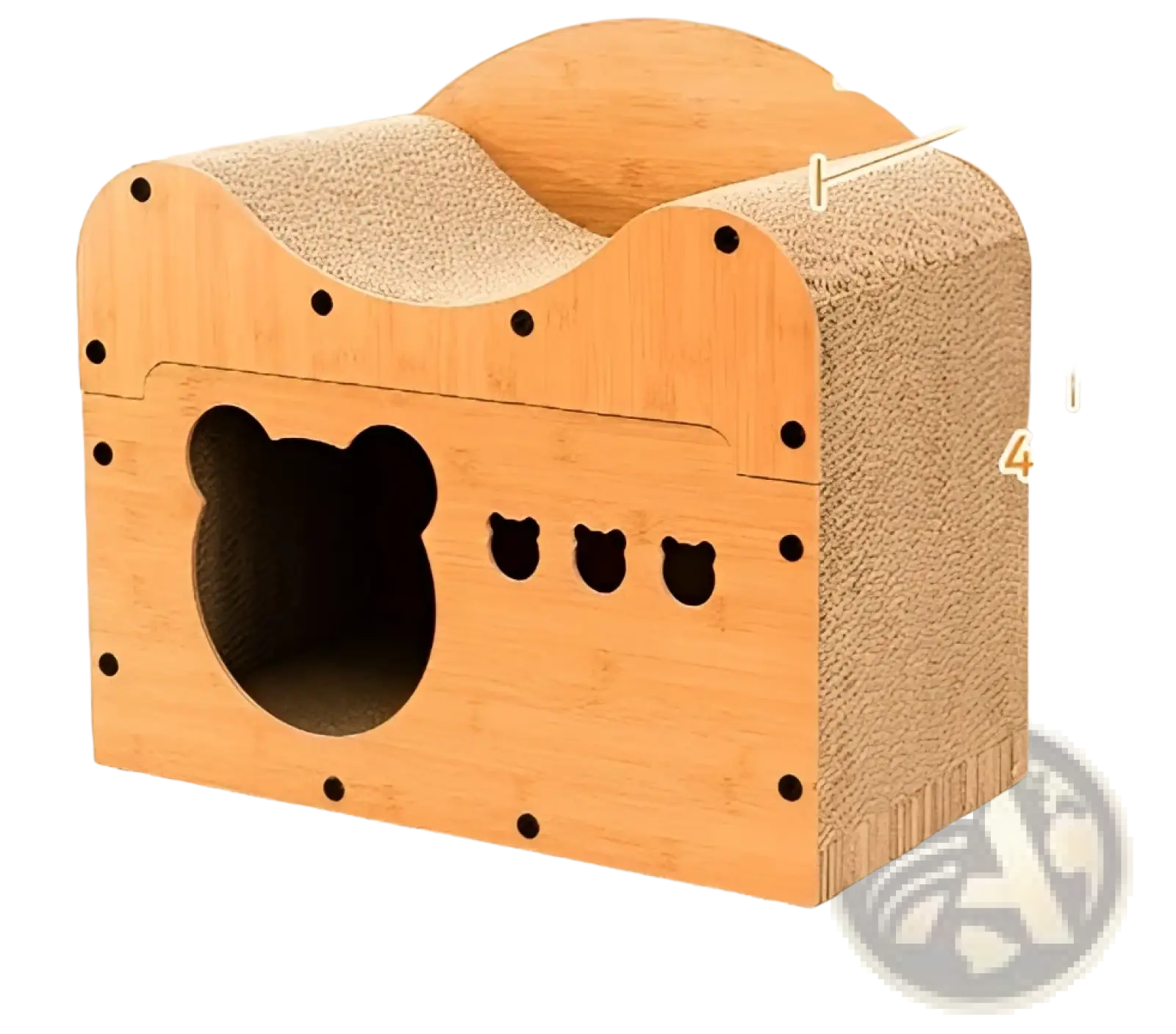 Bamboo-framed sisal cat scratching board wooden nest and post with bear-shaped entrance and textured cardboard surfaces