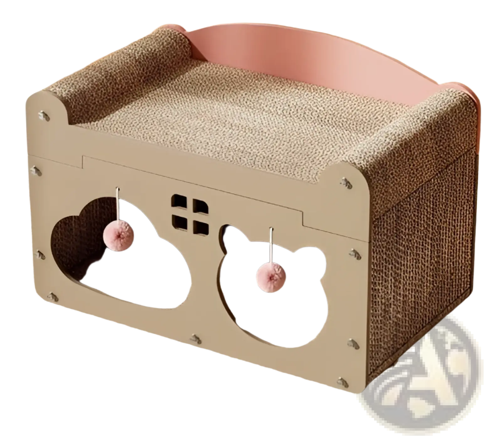 Beige sisal cat scratching board wooden nest with pink interior cloud-shaped cutouts and two hanging pom-pom toys