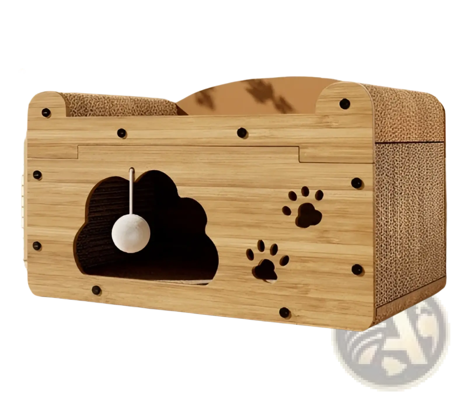 A wooden sisal cat scratching board and nest with cloud-shaped cutout paw print designs and hanging ball inside