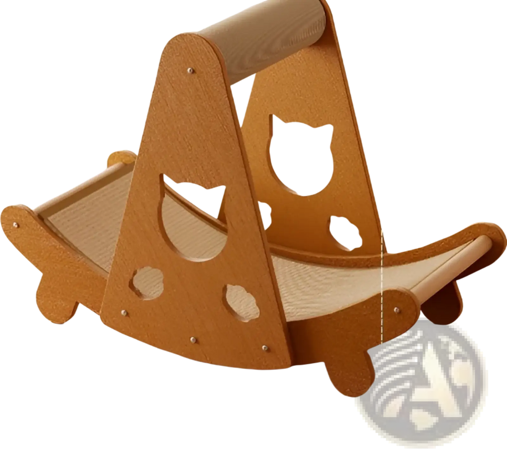 Wooden sisal cat scratching board with curved hammock platform and cat face cut-out designs for nesting and scratching