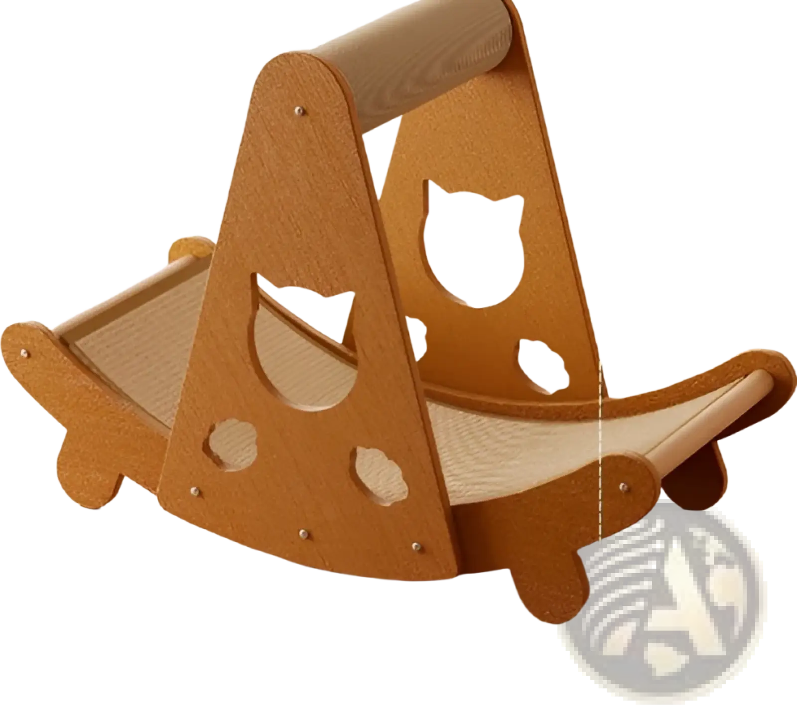 Wooden sisal cat scratching board with curved hammock platform and cat face cut-out designs for nesting and scratching