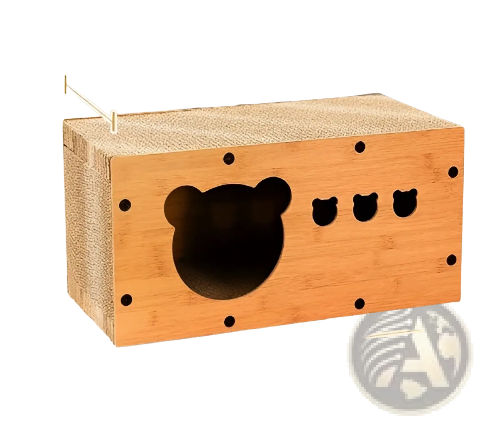 A rectangular wooden sisal cat scratching board with bear and cat face cutouts featuring natural bamboo wood grain