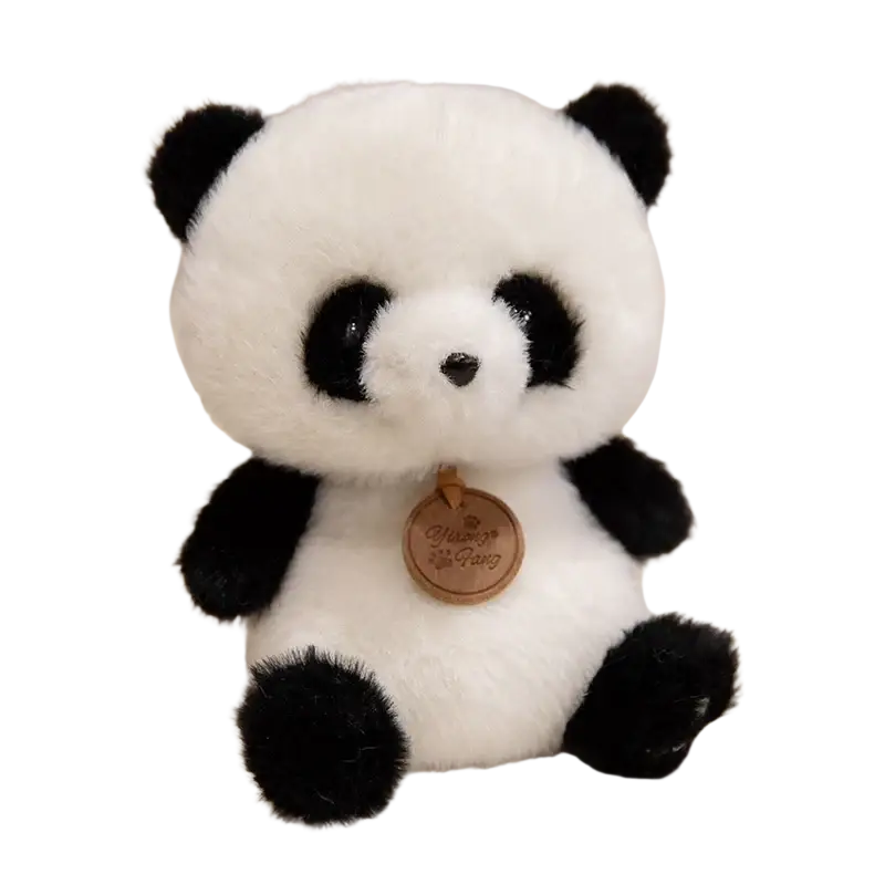 Adorable plush panda toy with soft white and black fur and wooden tag in sitting animals red panda fox sloth plush toys collection