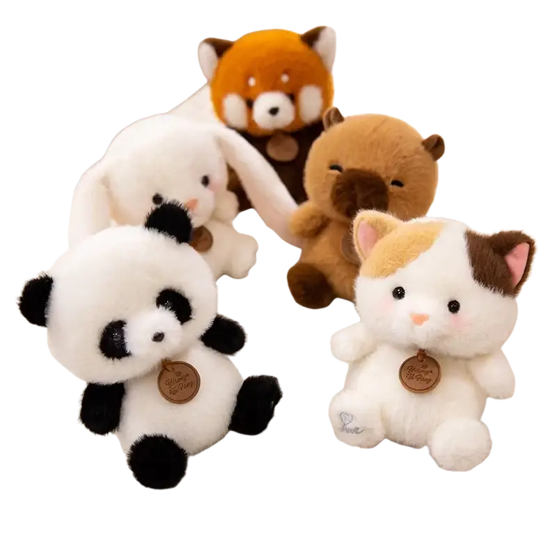 Adorable plush panda toy with soft white and black fur and a small brown metal tag from sitting animals red panda fox sloth plush toys