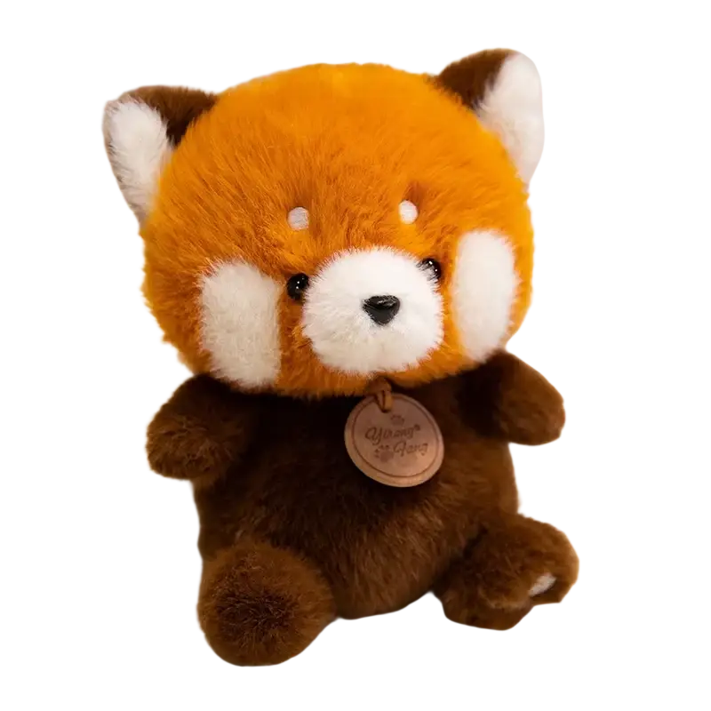 Cute orange and white plush red panda fox toy with soft fur black button eyes and small wooden tag around neck