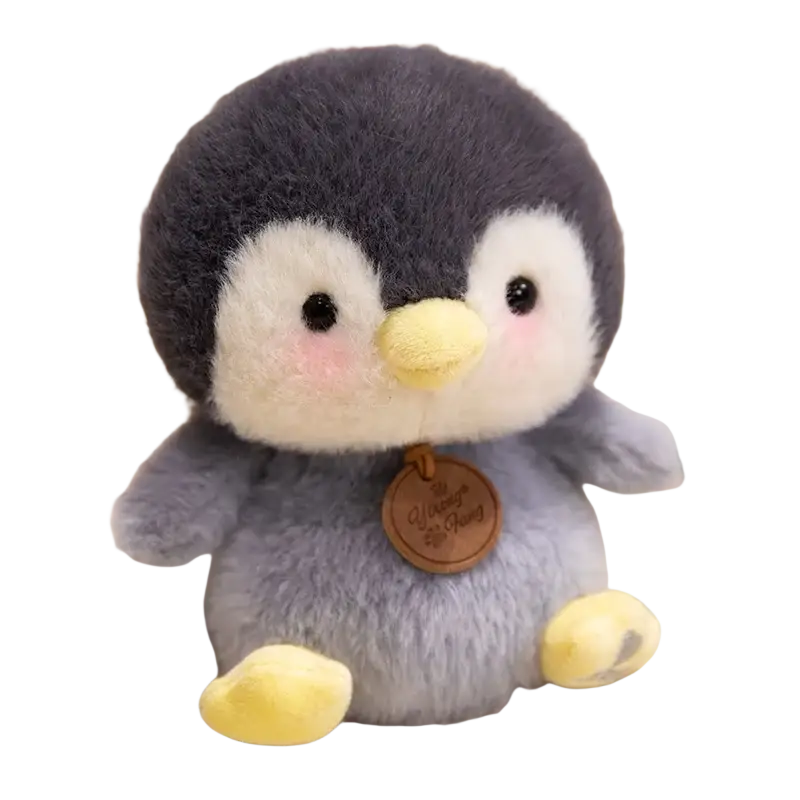 Cute plush penguin with soft gray and white fur, yellow beak and feet, wooden tag, for animals red panda fox sloth collection