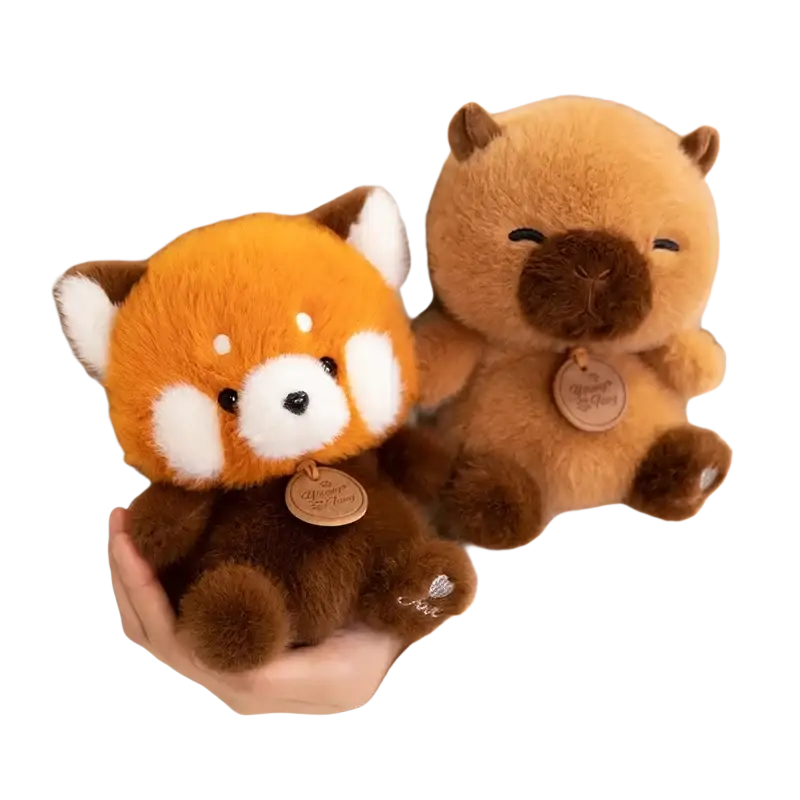 Orange and white plush animals red panda keychain with brown accents and a wooden tag from sitting animals collection