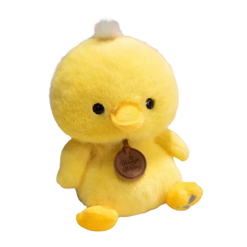 A soft bright yellow plush chick with black bead eyes and white tuft featured in sitting animals red panda fox sloth plush toys