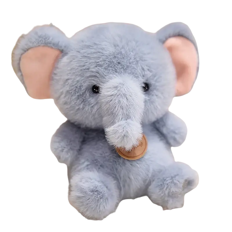 A soft light blue plush elephant with pink ears and black eyes from sitting animals red panda fox sloth plush toys