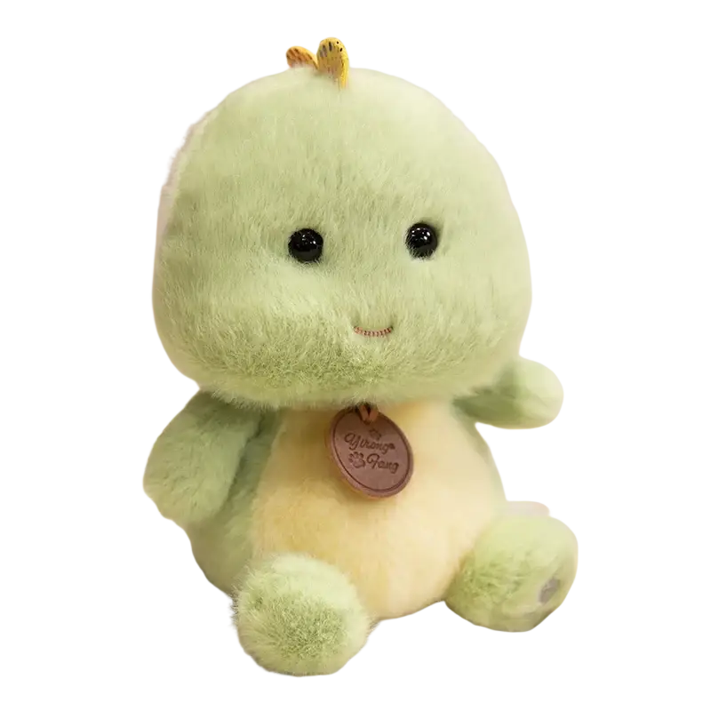 A soft light green plush dinosaur with cream belly and black eyes from sitting animals red panda fox sloth collection