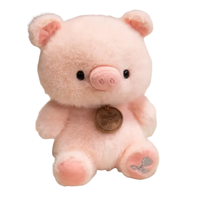 A soft pink plush pig with fluffy fur and a wooden tag featured among sitting animals red panda fox sloth plush toys