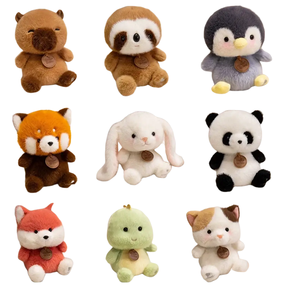 Soft plush stuffed sitting animals red panda fox sloth designs including brown capybara panda rabbit and cat toys