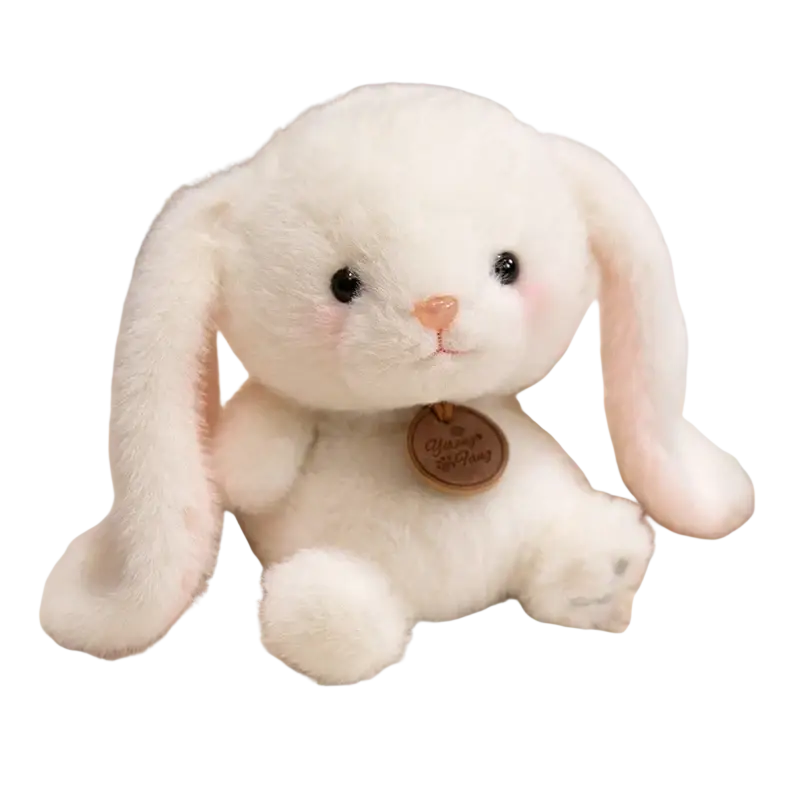 A soft plush white bunny with long floppy ears sitting on a textured surface in animals red panda fox sloth plush toys collection