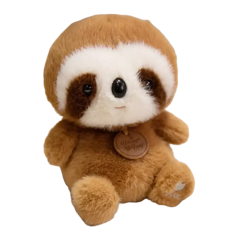 A plush panda fox sloth toy with soft brown and white fur black button eyes and a wooden tag around its neck
