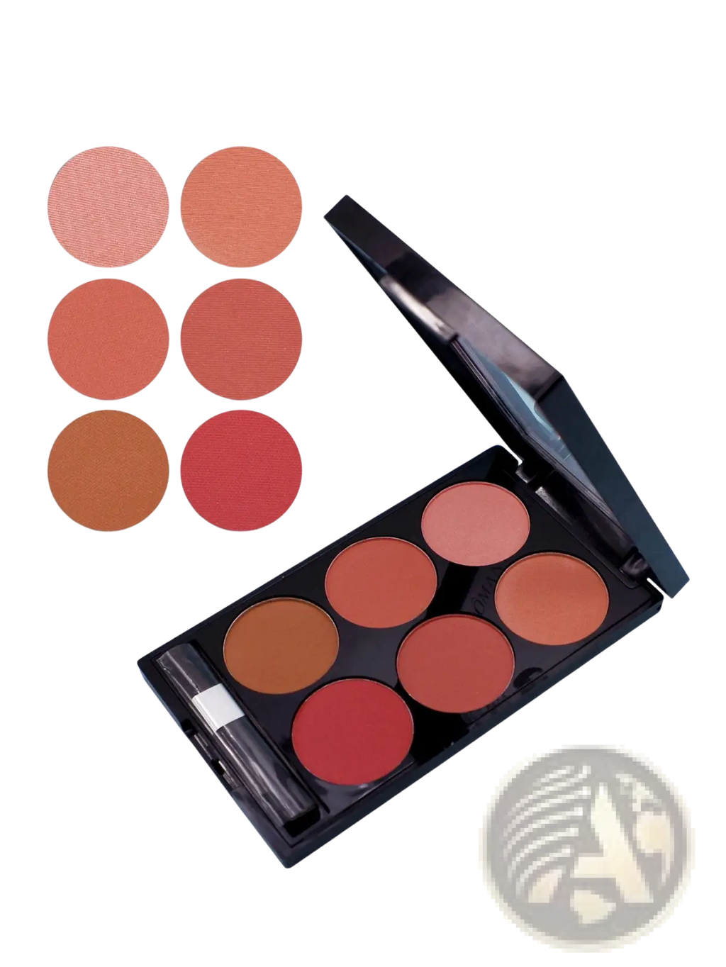 Black compact six color blush palette and v face contour kit with eight peach to deep red matte and shimmery pans