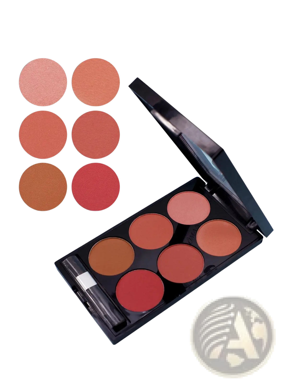 Black compact six color blush palette and v face contour kit with eight peach to deep red matte and shimmery pans