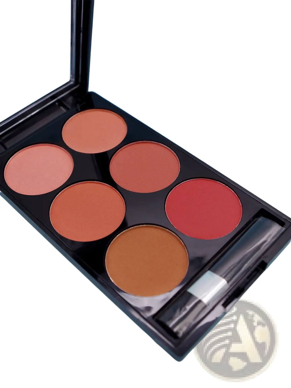 Black compact six color blush palette and v face contour kit with peach to deep red shades and built-in brush
