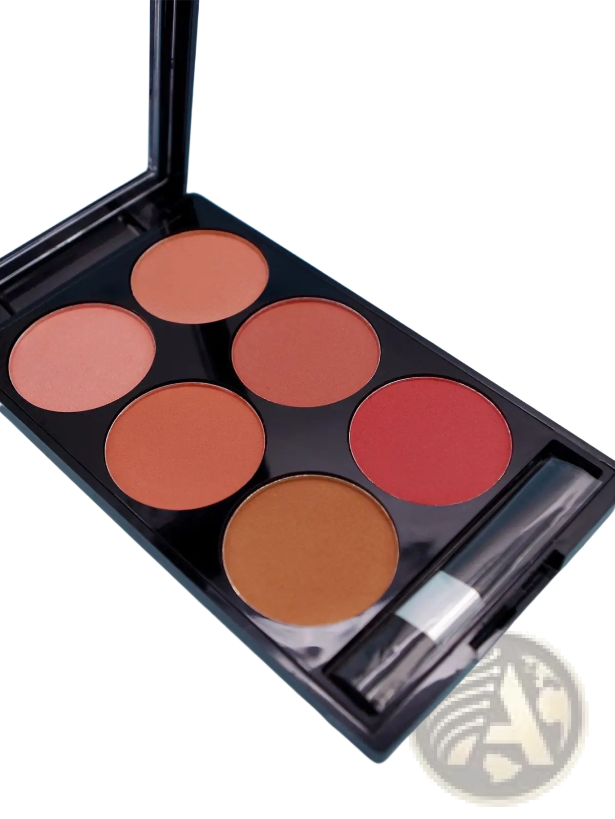Black compact six color blush palette and v face contour kit with peach to deep red shades and built-in brush