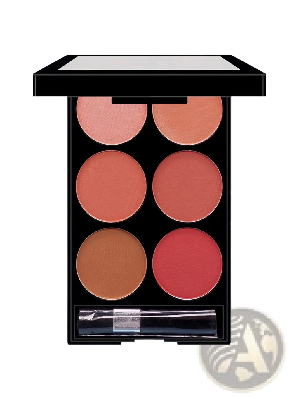 Black compact six color blush palette with peach coral terracotta and rose tones for face contouring and v shaping