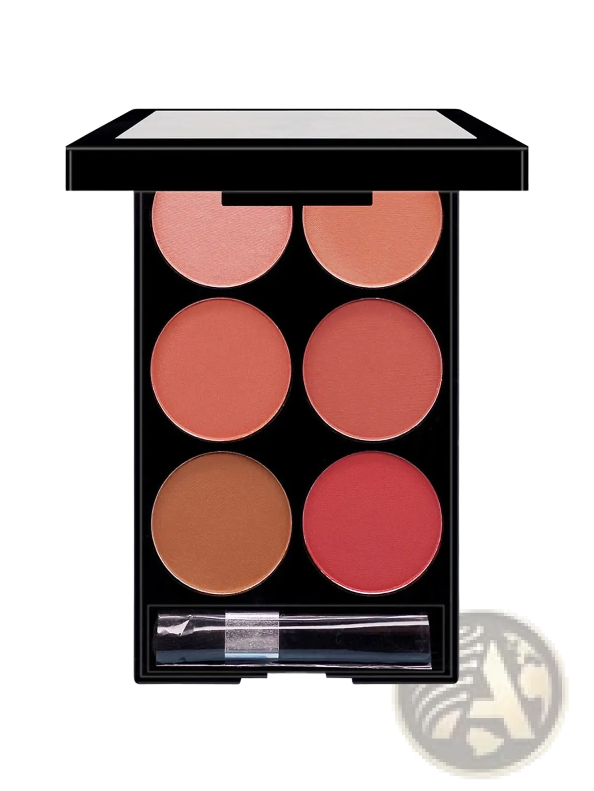 Black compact six color blush palette with peach coral terracotta and rose tones for face contouring and v shaping