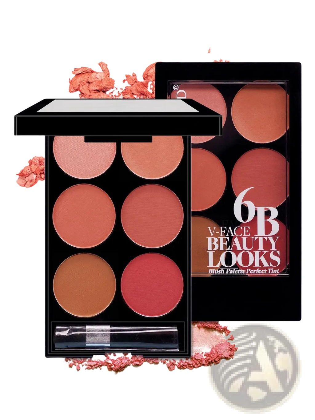 Black rectangular six color blush palette with warm tones and a built-in brush by 6b v face beauty looks