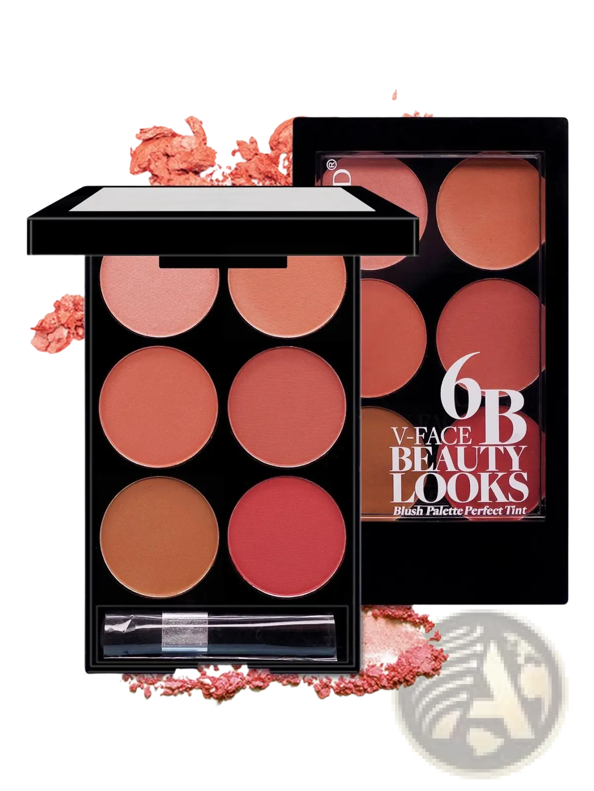 Black rectangular six color blush palette with warm tones and a built-in brush by 6b v face beauty looks