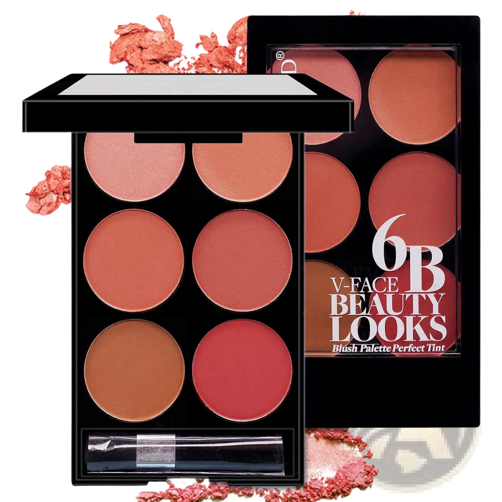 Black rectangular six color blush palette with six circular peach coral and rose tone pans for face contouring