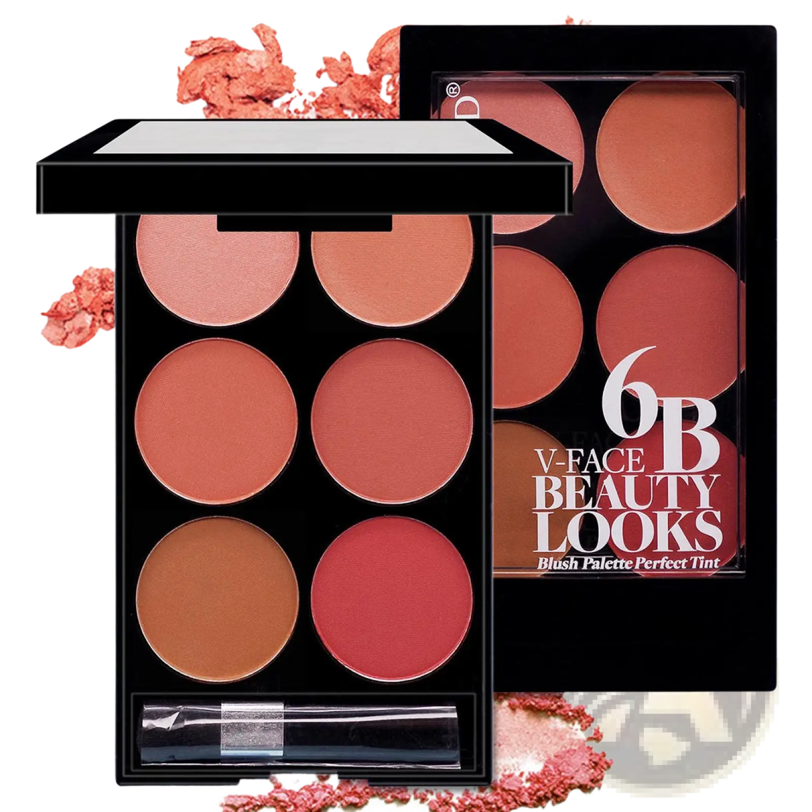 Black rectangular six color blush palette with six circular peach coral and rose tone pans for face contouring