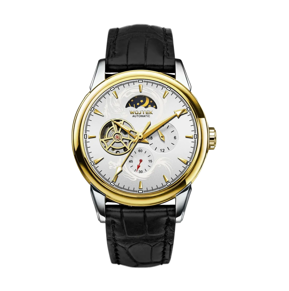 Skeleton automatic mechanical watch 40mm with gold-toned case, white dial, moon phase, and black alligator strap