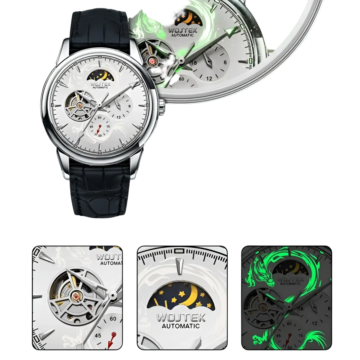 Silver-toned skeleton automatic mechanical watch with white dial black leather strap and visible hollowed-out movement window