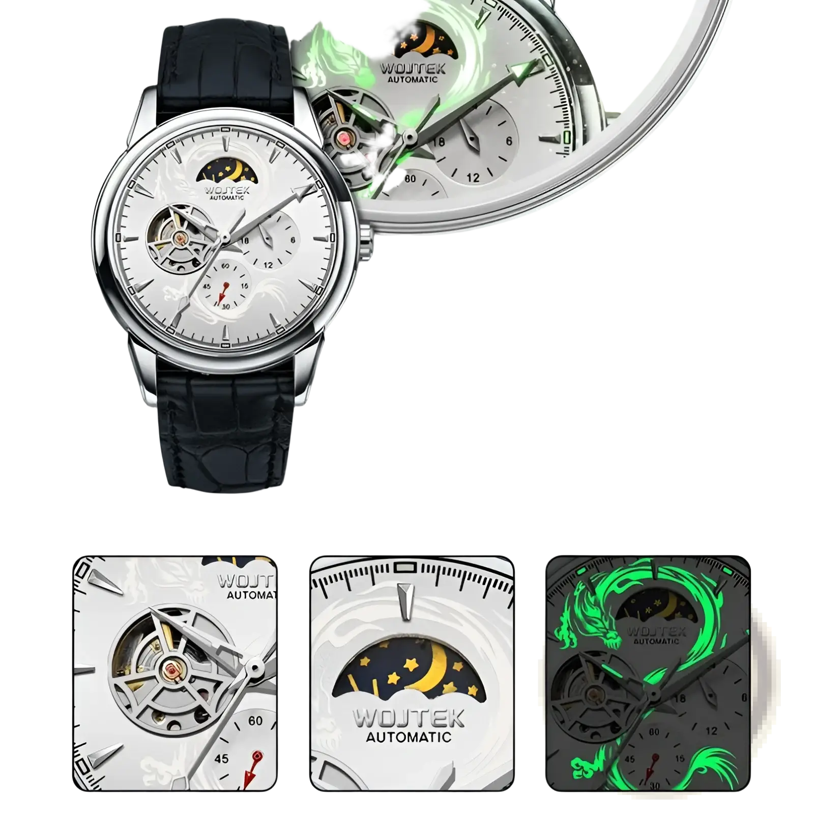 Silver-toned skeleton automatic mechanical watch with white dial black leather strap and visible hollowed-out movement window