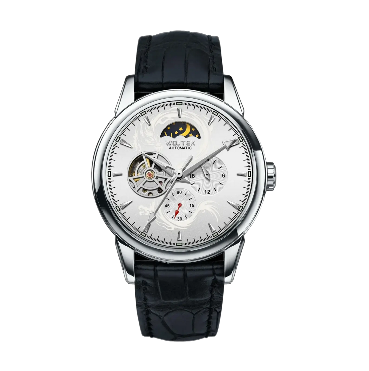 Silver-toned wujtek skeleton automatic mechanical watch 40mm with white dial moon phase and black crocodile leather strap