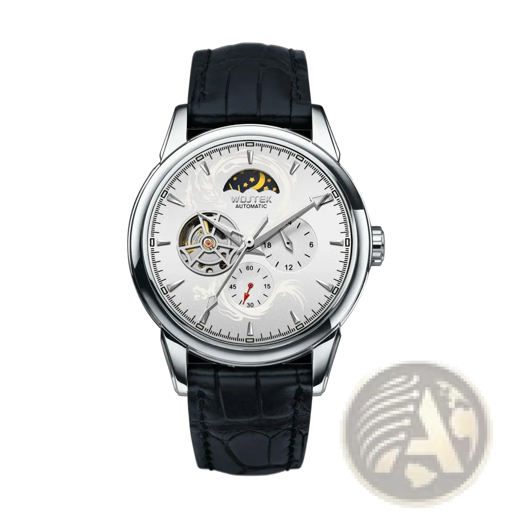 Silver-toned wujtek skeleton automatic mechanical watch 40mm with white dial moon phase and black crocodile leather strap