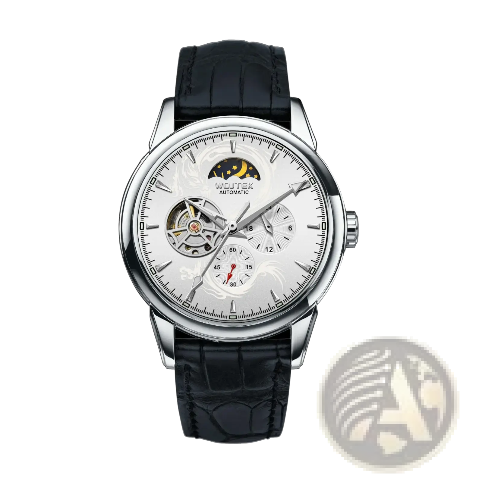 Silver-toned wujtek skeleton automatic mechanical watch 40mm with white dial moon phase and black crocodile leather strap