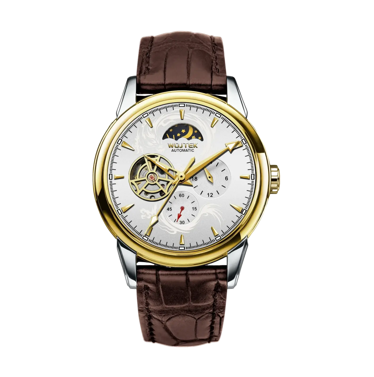 Skeleton automatic mechanical watch 40mm with gold tone, white dial, moon phase display, and brown crocodile leather strap