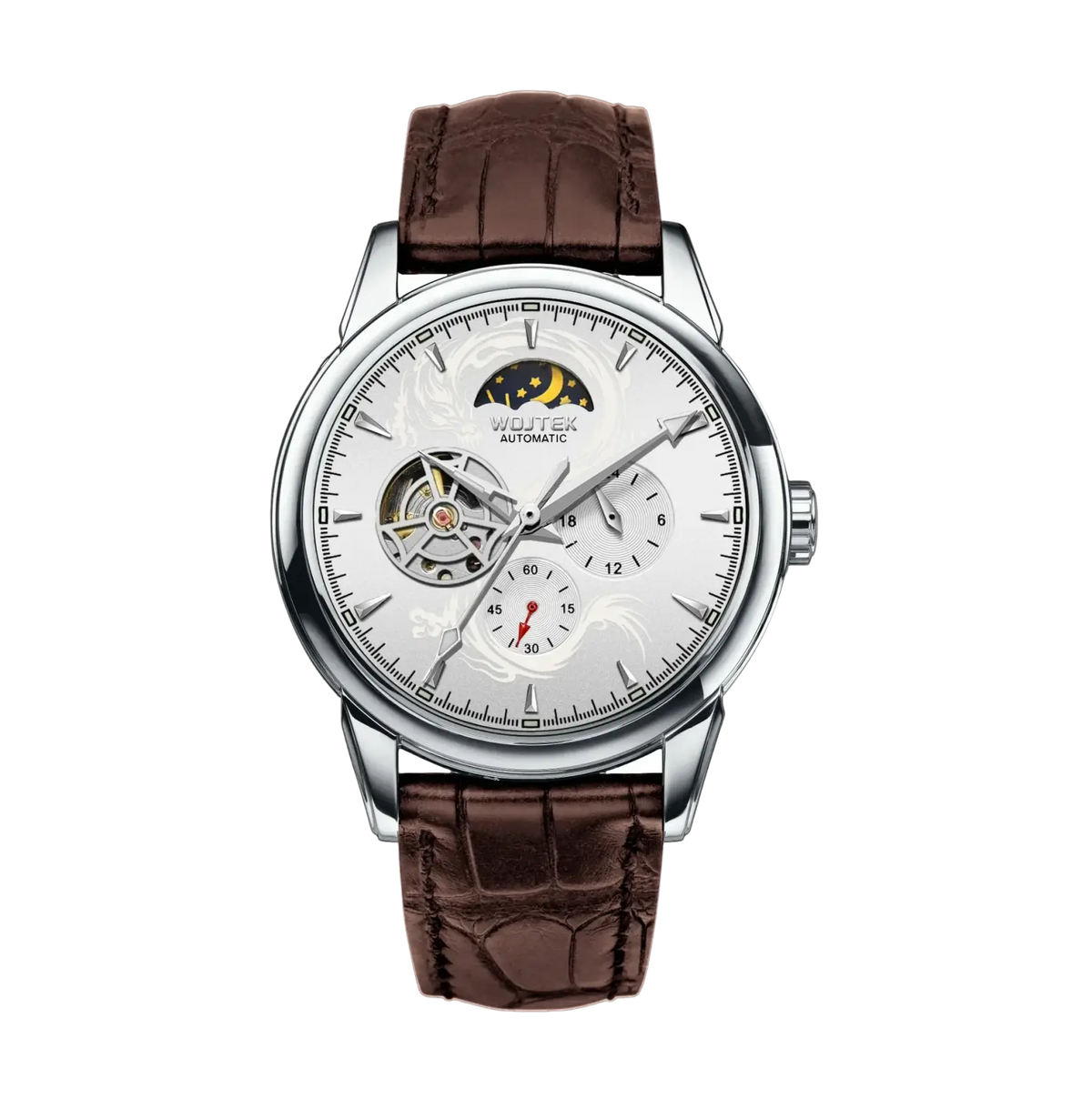 Sophisticated wojtek skeleton automatic mechanical watch 40mm with silver case white dial moon phase and brown leather strap