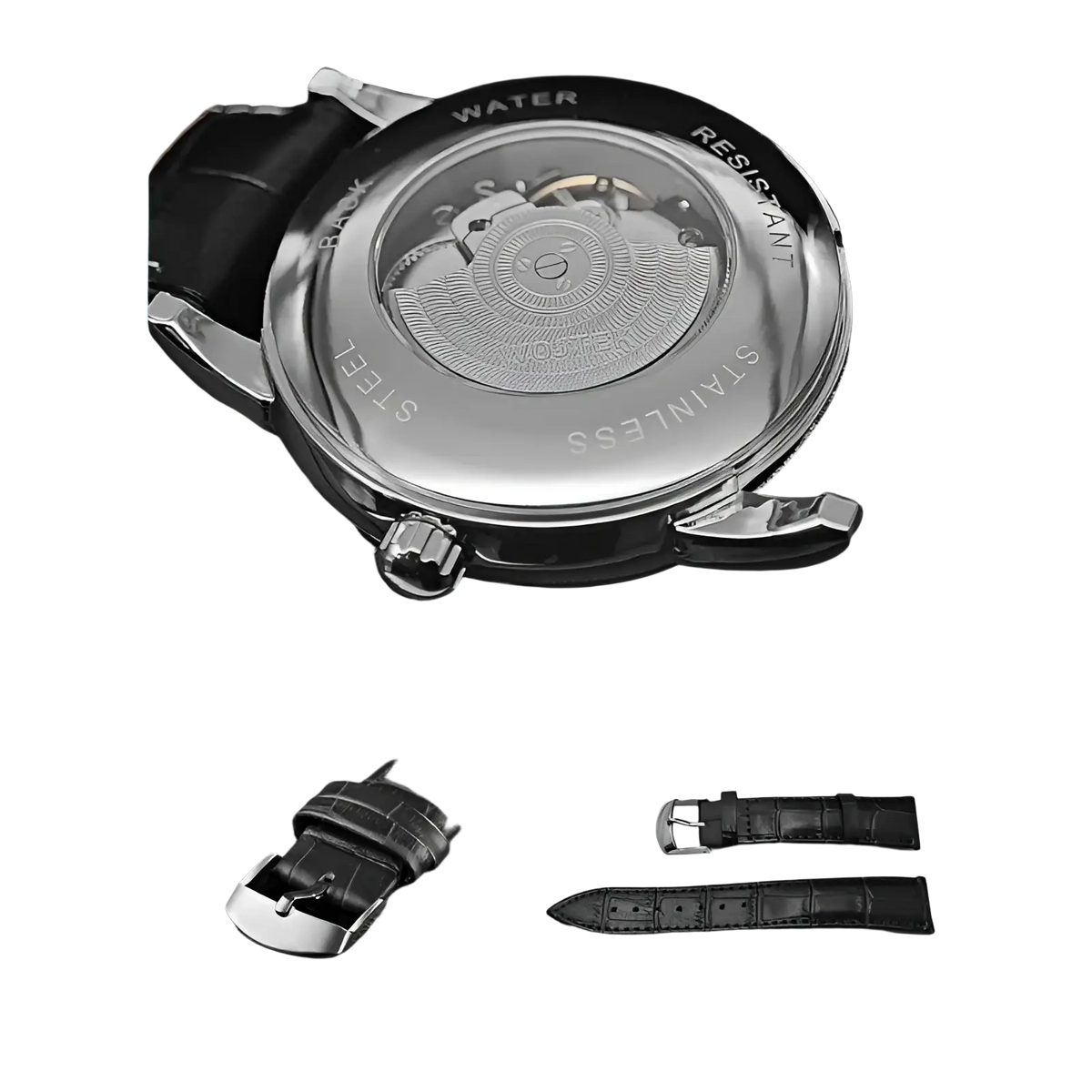 Stainless steel skeleton automatic mechanical watch 40mm with transparent back showing movement and black leather straps