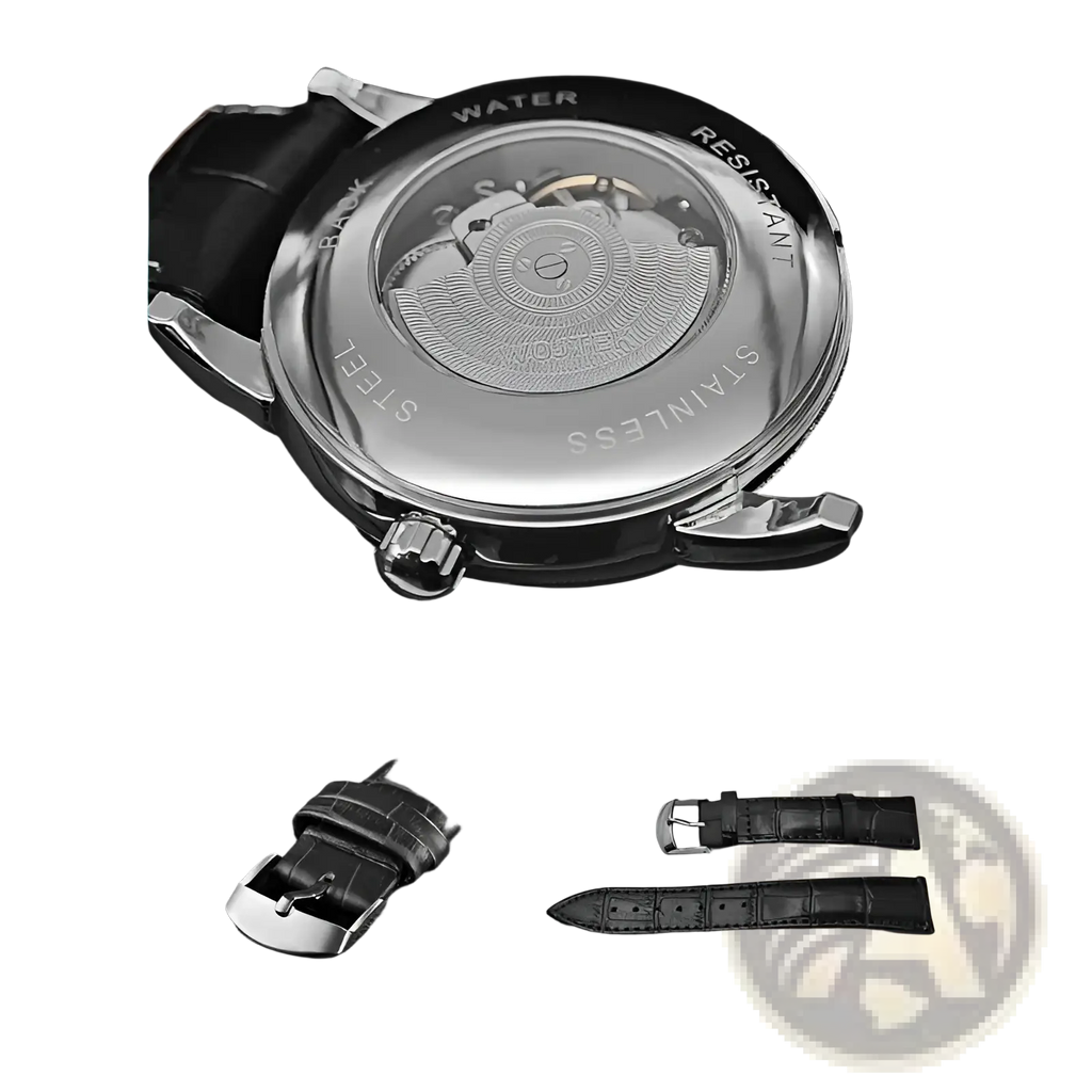 Stainless steel skeleton automatic mechanical watch 40mm with transparent back showing movement and black leather straps
